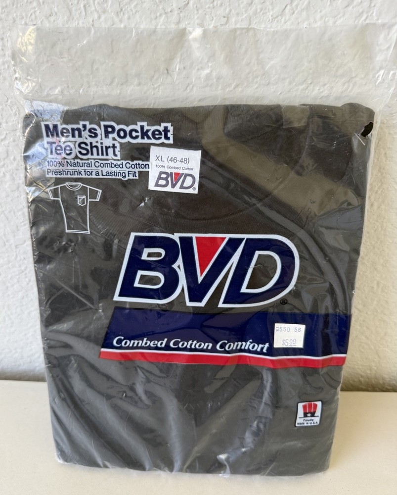 Vintage BVD Shirt Mens Extra Large XL Black Single Stitch Pocket Tee Made in USA