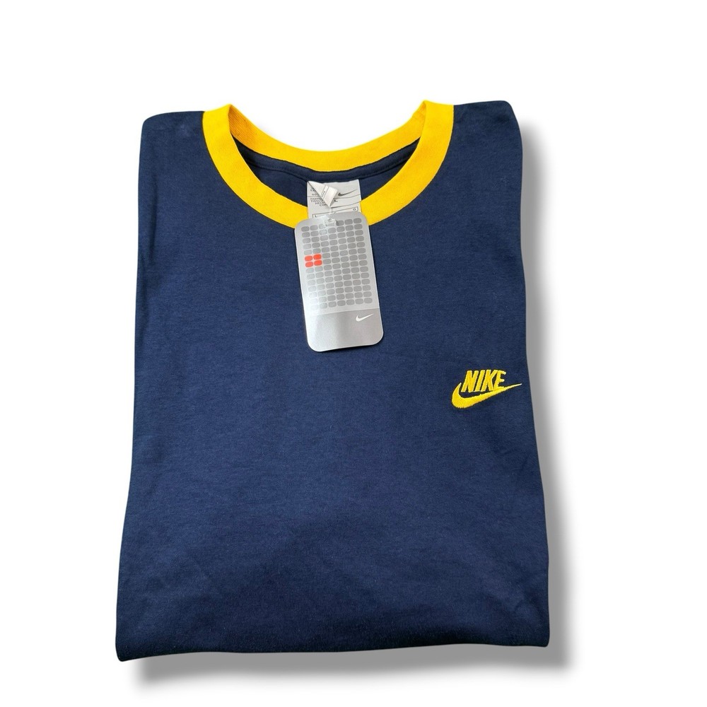 VTG Nike NWT 2003 Navy/Yellow Embroidered Logo Ringer Swoosh T-Shirt Mens L Rare