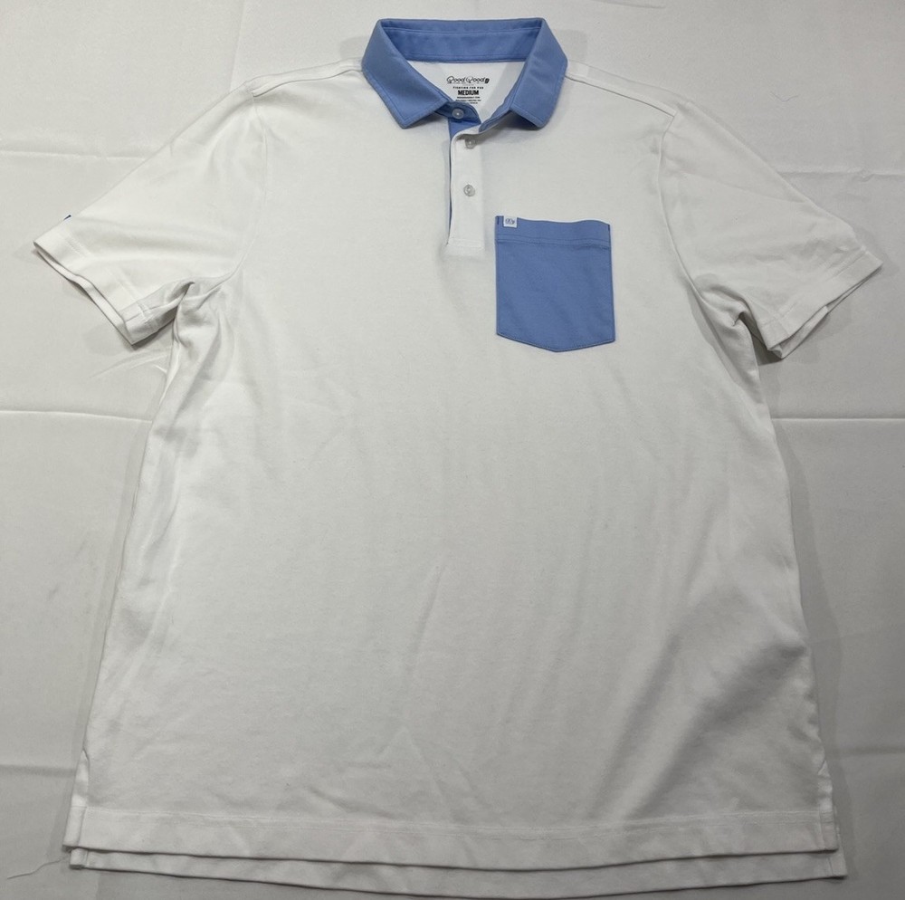 Good Good Golf Polo Shirt Men’s Size Medium White / Blue Contrast Collar Pocket