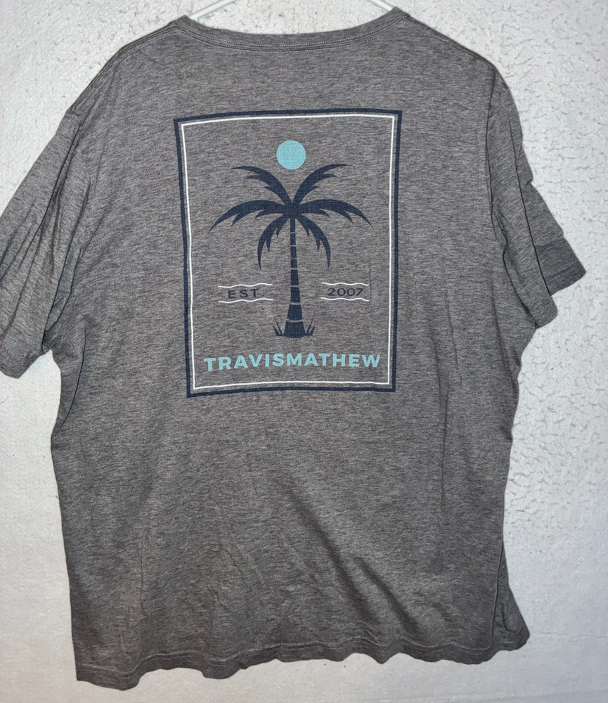 Travis Mathew Shirt Men’s Gray XL Short Sleeve T-Shirt Palm Tree Crew Neck