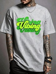 Neon Green Letter “Green Vibe” Crew Neck Short Sleeve Casual Party Men’s Top