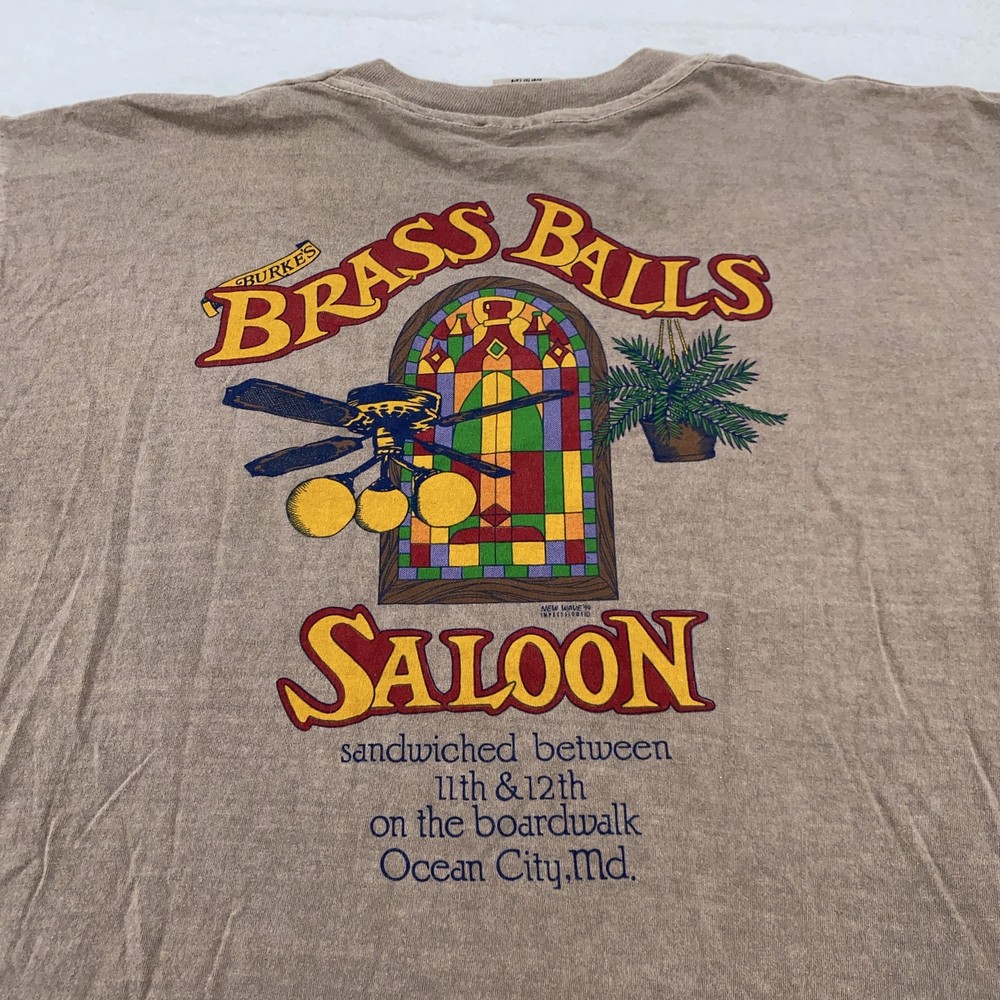 Vintage Brass Balls Saloon Shirt Mens Large Ocean City Maryland Bar USA 90s