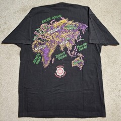 Vintage 90s World Map Camp T-Shirt Mens L Black Double Sided Neon Rave Single S