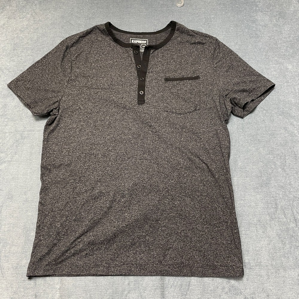 Express Henley Shirt Mens Large Charcoal Gray Short Sleeve Stretch Chest Pocket