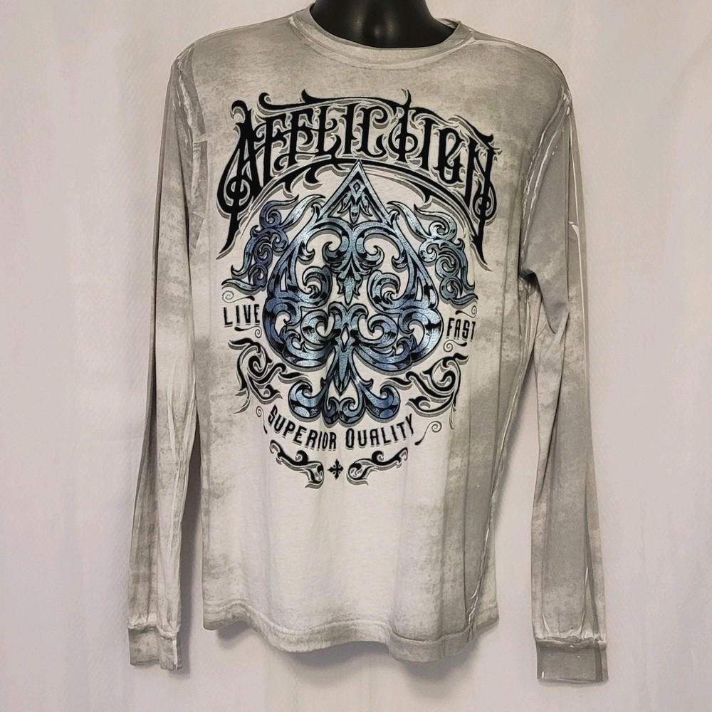 Affliction Men’s Silver Bleach Brush Wash Black Flocked Logo T Shirt Size M