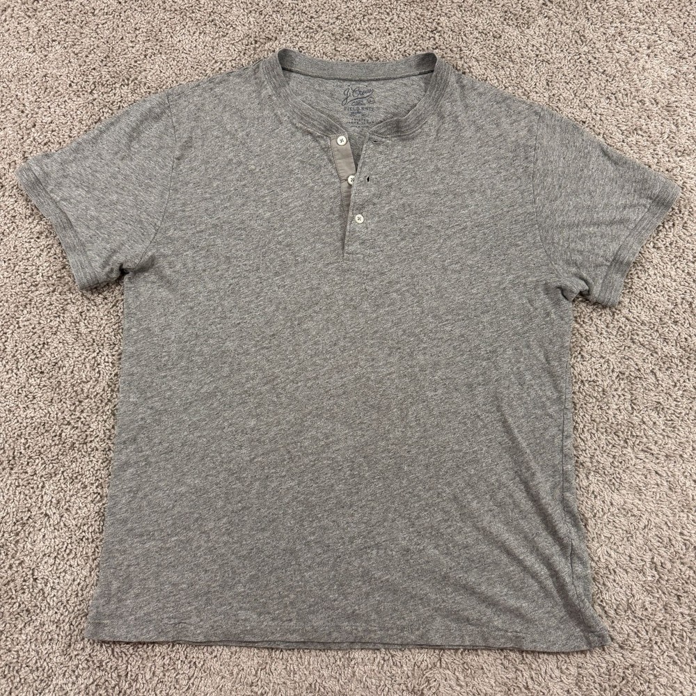 J Crew Field Knit Henley Shirt Mens Large Gray Short Sleeve 100% Cotton