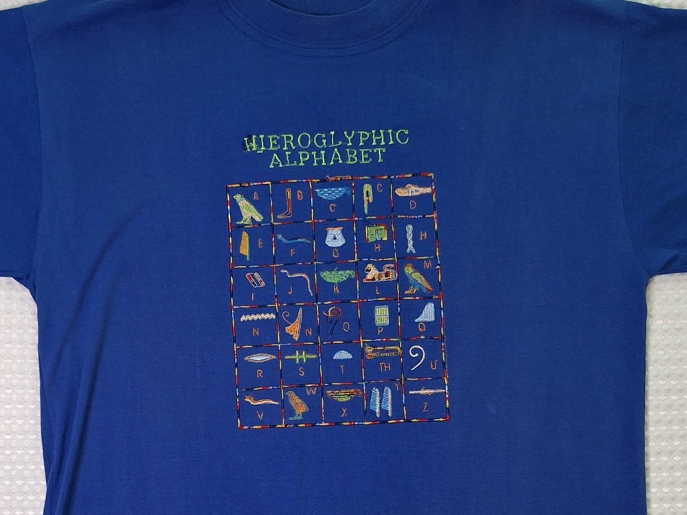 Egypt Egyptian Hieroglyphic Alphabet Embroidered Souvenir Blue T-shirt Size M