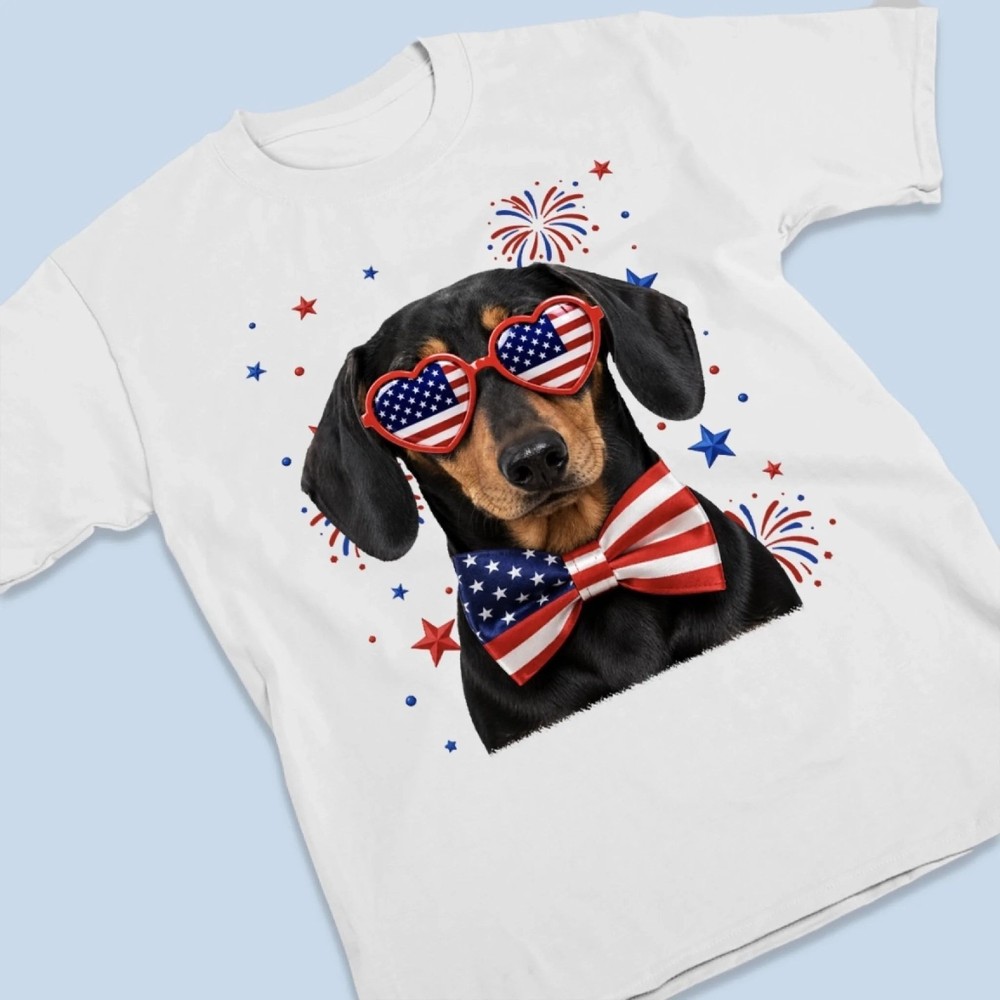 Dachshund Dog T Shirt Patriotic US Flag Glasses Wiener Graphic Tee