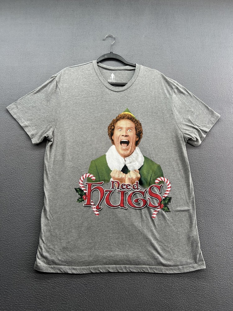 Elf Need Hugs Shirt Mens XL Gray Christmas Movie Buddy Candy Cane Graphic Tee