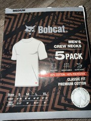 Bobcat ~ Mens 5-Pack T-Shirts Crew Neck White Cotton Blend Cat Logo ~ XL (42-44)