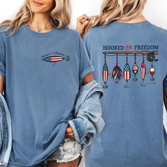 Hooked on Freedom Fishing T-Shirt USA Flag Lure Patriotic Graphic Tee 1776