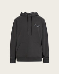 All Saints Mens Redact Washed Black Hoodie Relaxed Fit Embroidered Sweatshirt