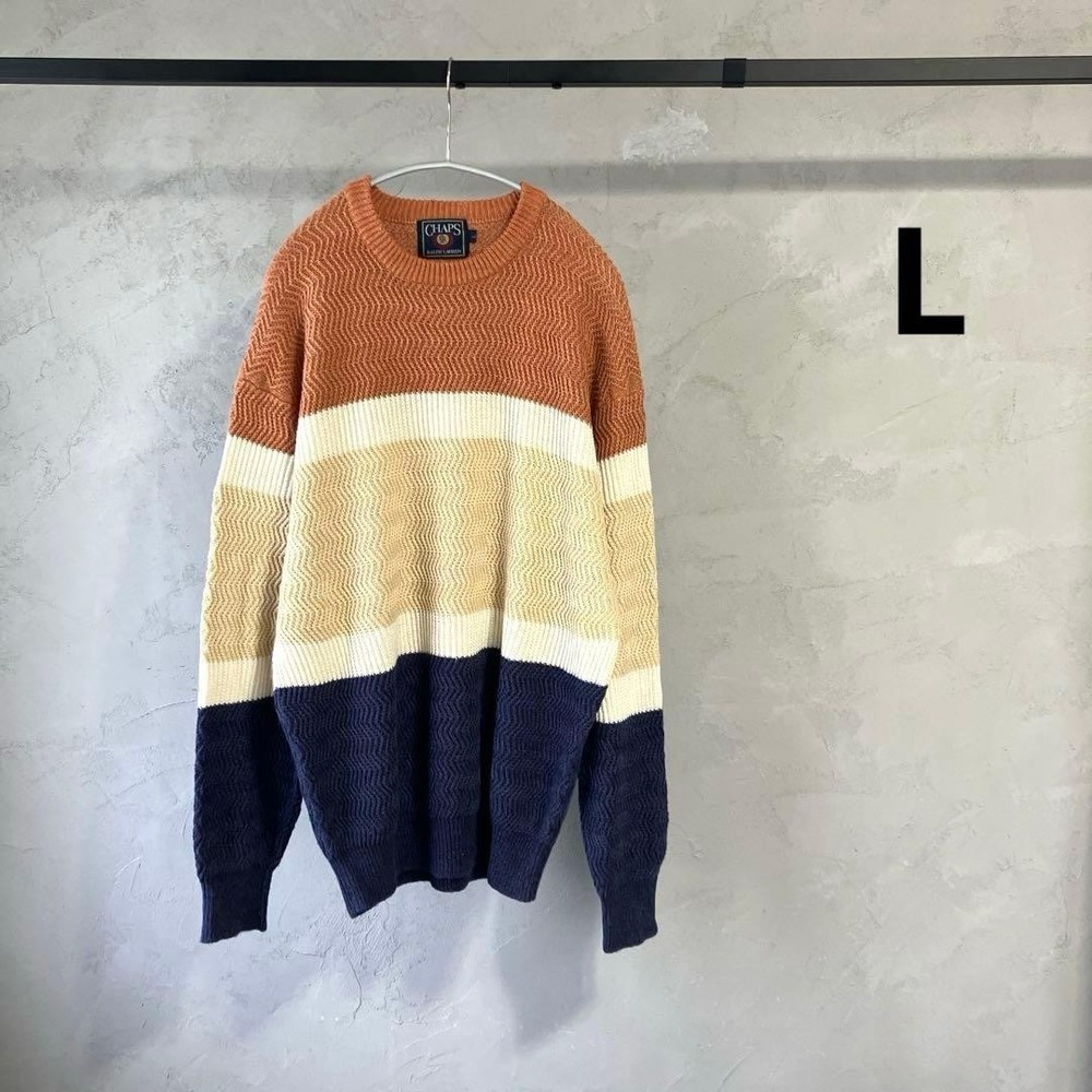 Ralph Lauren CHAPS Cotton Linen Sweater Multi-Color Border Spring Fall Winter Ja