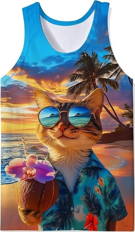 Cool Cat Hawaiian Shirt Tank Top 3D Coconut Drink Sunset Beach Sleeveless Tee