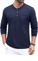 MAGCOMSEN Mens Henley Long Sleeve Casual Shirts Cotton Pocket Nevy Blue Size L