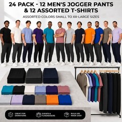 BILLIONHATS 24 Pack 12 Mens Jogger Pants & 12 Assorted T-Shirts, Bulk Wholesale