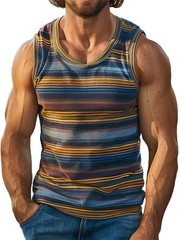 Retro Striped Graphic Tank Tops For Men Fashion Casual Summer Sleeveless 3D.