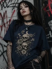 Vintage Floral Skull Graphic T-Shirt Gothic Botanical Halloween Tee