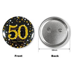 Glitter 50th Birthday Button Pin – Black and Gold Sparkly 50th Birthday Badge…