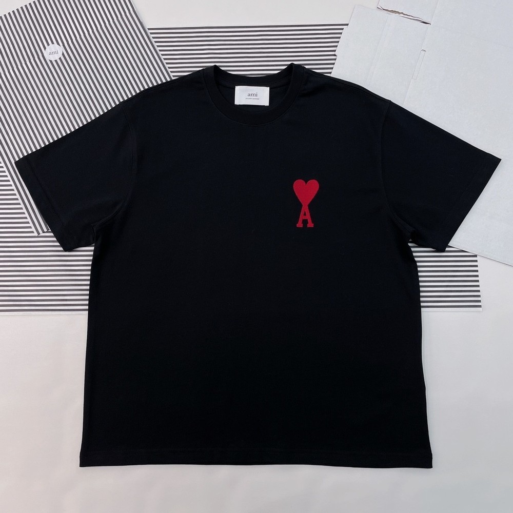 AMI Paris Ami De Coeur Shirt Sz L Black Red Heart Ace Organic Cotton Boxy Fit