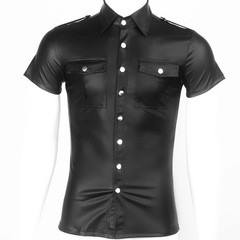 Men Black Faux Leather Short Sleeve Collared Shirt Wet Look Top Blouse