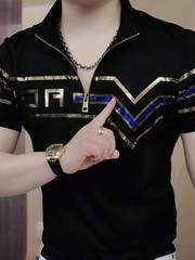 New Men Luxury Diamond Rhinestones Fashion Black Polo T-Shirt High Quality