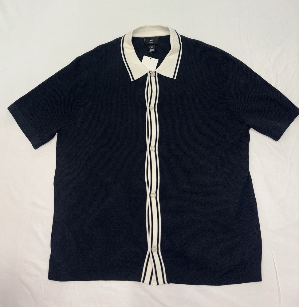 H&M Navy Blue Regular Fit Fine-knit Polo Shirt Size Large