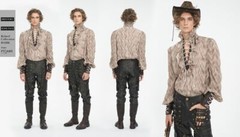Devil Fashion Men Coffee Retro Lace-Up Long Sleeve Shirt Adjustable Rope Blouse