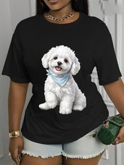 Women’s Dog Print Casual Summer T-Shirt Machine Washable Durable Holiday Tops ❀