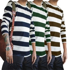 Mens Long Sleeve Stripe T-Shirt New Casual Classic Fit Crew Round Neck Tee Tops