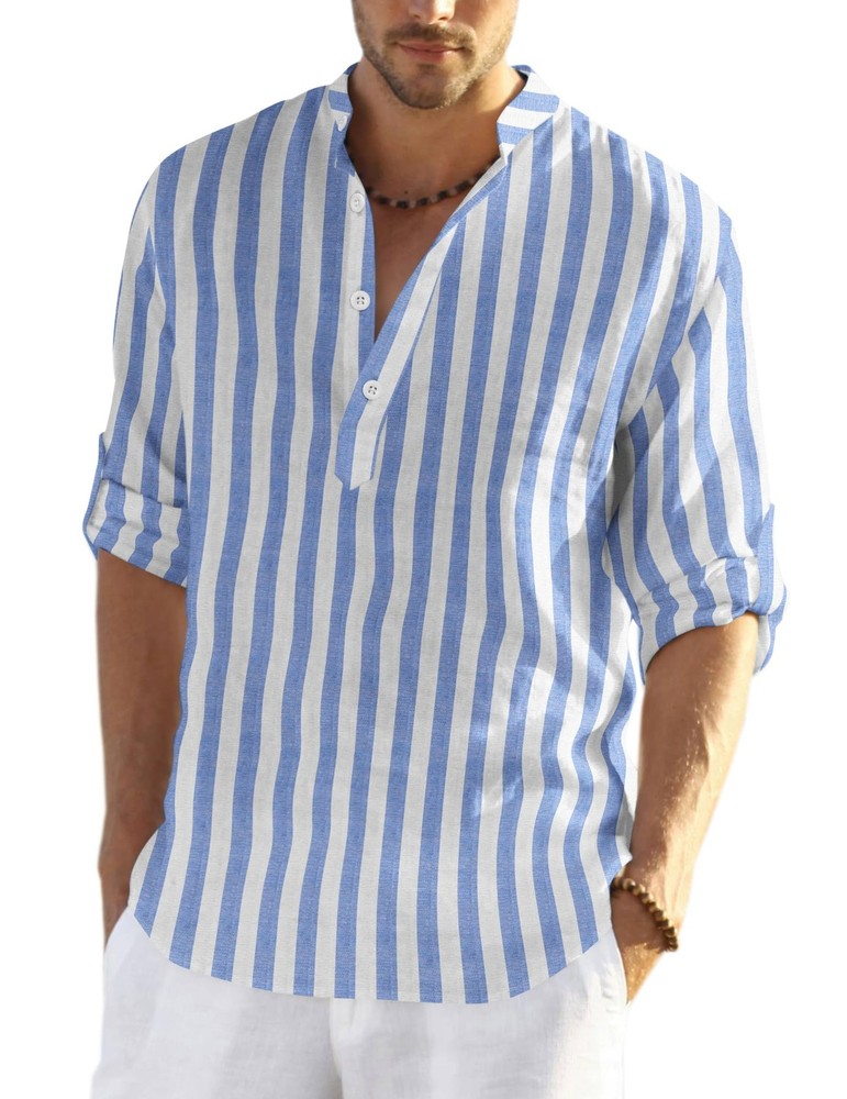 Men’s Cotton Hemp Long Sleeve Casual Beach Henley Shirt (Blue White Striped,XL)