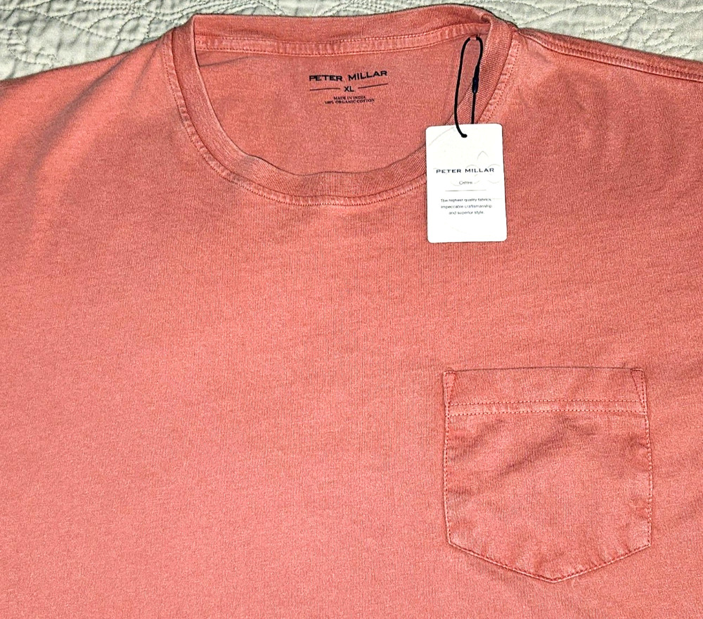 NEW PETER MILLAR, MENS SIZE XL, LAVA WASH ‘CLAY ROSE’ POCKET T-SHIRT-MSRP $65.00