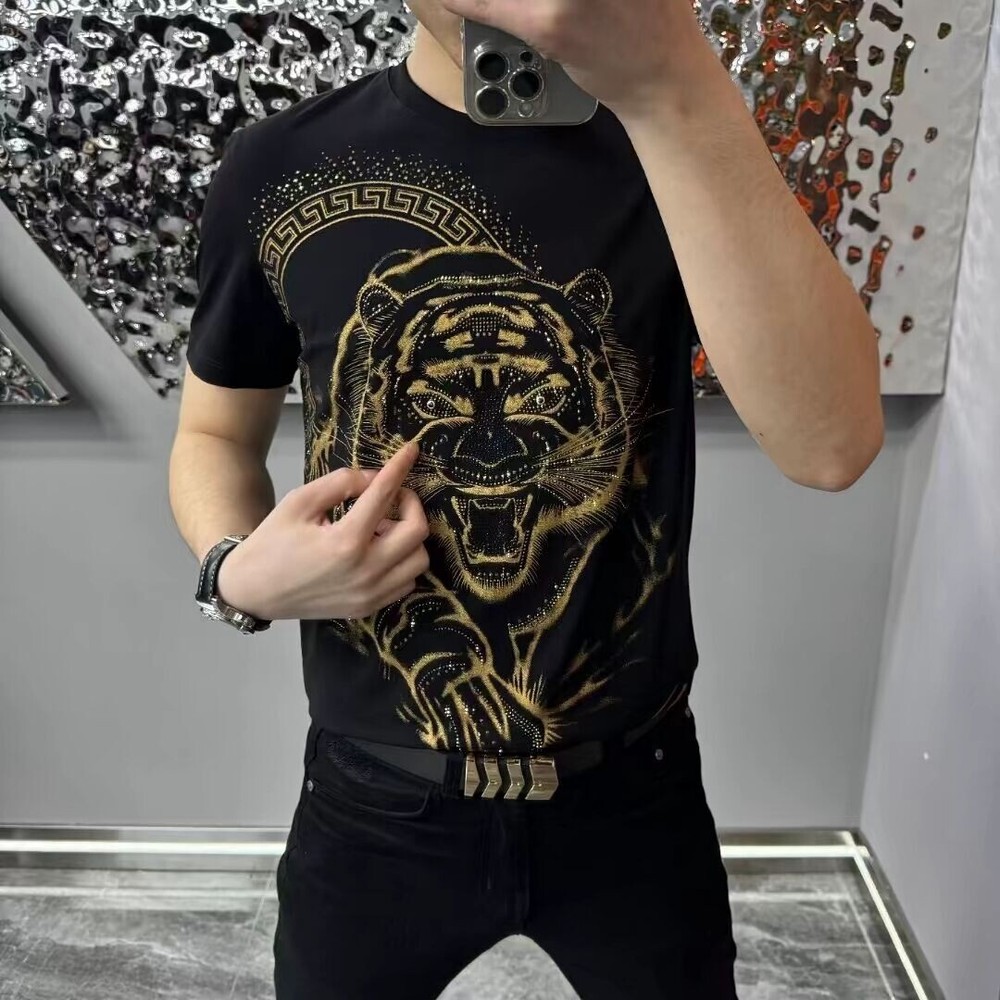 New Fashion Men Trend Tiger Drills Rhinestone Diamond Streetwear Luxury T-Shirt
