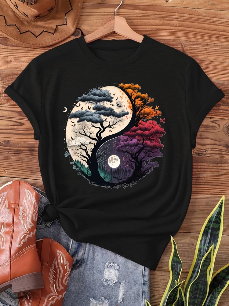 Unisex Yin Yang Tree of Life Graphic Print Cotton T-Shirt | Crew Neck | Short Sl