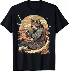 Japanese Art Cat Ninja Anime Samurai Cat T-Shirt, S-5XL, Made in US