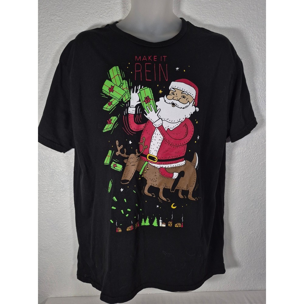 Holiday Time Mens XL Make It Rein Santa Reindeer Graphic T-Shirt Black Christmas