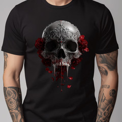 Vampire Skull T-Shirt – Blood Dripping Fangs, Gothic Filigree, Dark Rose Art