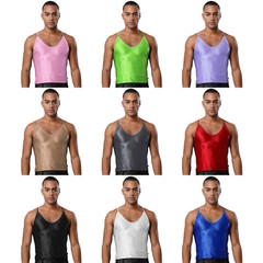Men Glossy Stretchy Camisole Crop Tops Vest for Bodybuilding Gym Sports T-Shirts