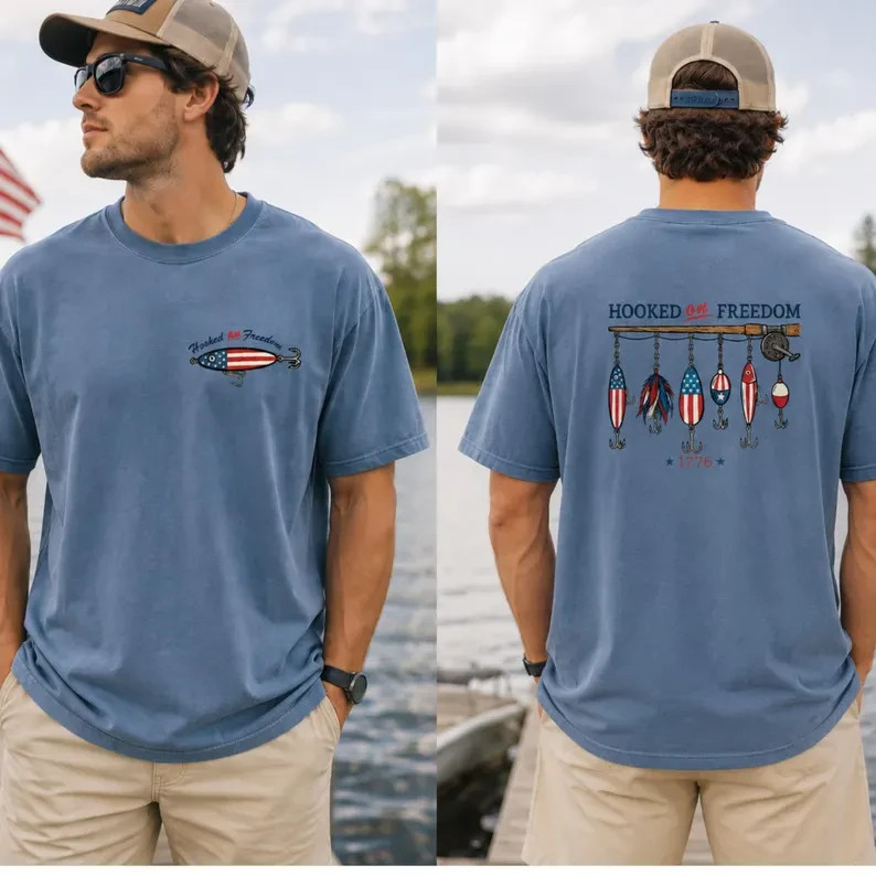 Hooked on Freedom Fishing T-Shirt USA Flag Lure Patriotic Graphic Tee 1776