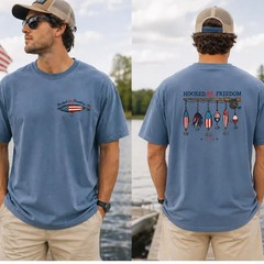 Hooked on Freedom Fishing T-Shirt USA Flag Lure Patriotic Graphic Tee 1776