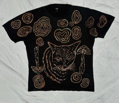 L Hand Painted Trippy Psychedelic Mushroom Cat Short Sleeve Crew Neck T-Shirt