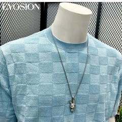 Men Knit Sweater Crewneck T-Shirt Plaid Checkered Casual Short Sleeve Tee Top