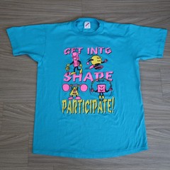 Vintage Exercise T-Shirt Single Stitch Large L Blue Turquoise Get into Shape Pun