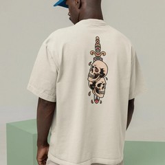 Mens Oversized T-Shirt Skull Dagger Back Print Streetwear Graphic Baggy White