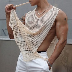 Men Sexy Hollow Out Tank Tops Openwork Side Lace Up Vest Casual Baggy Vest Basic