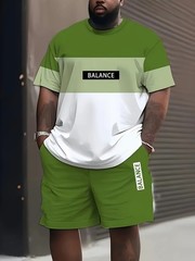 Men’S Plus Size Two-Piece Sportswear Set – Green & White Color Block, 3D Printed