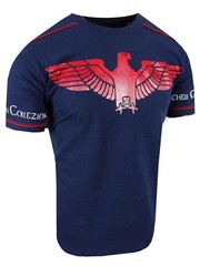 Mens T-Shirt Black Designer Italian Shiny Blue Eagle Bucheli Slim Fit Crew Neck