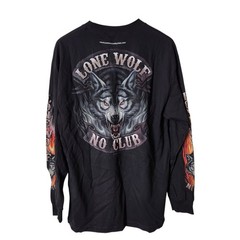 Lone Wolf No Club Biker Motorcycle Double-Sided/Flame Sleeves Graphic Tee Sz L