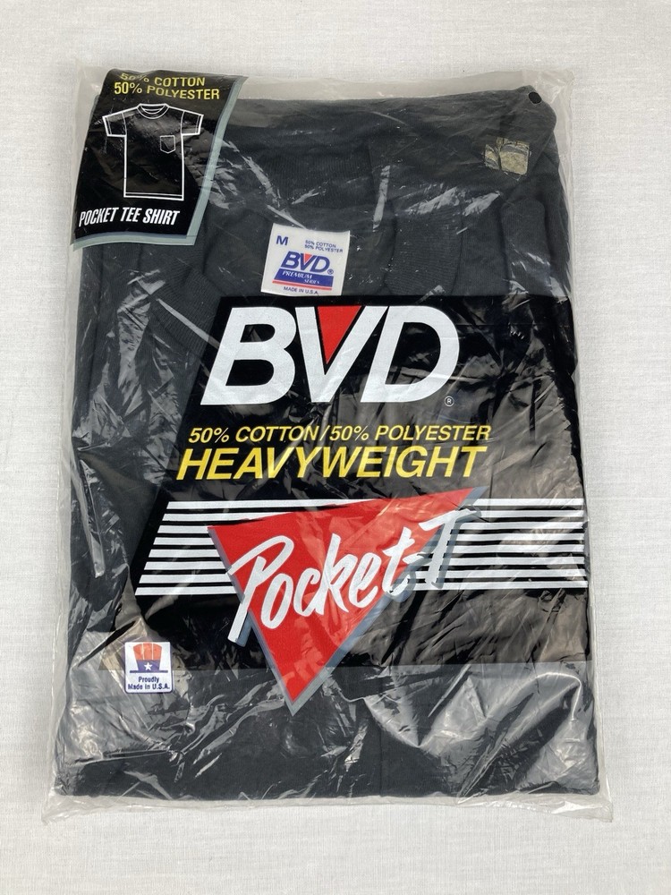 VTG 90’S BVD HEAVYWEIGHT POCKET T-SHIRT BLACK COTTON/POLY MENS M MADE IN USA NEW