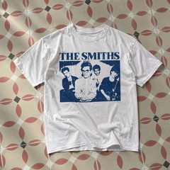 White The Smiths graphic T-shirt featuring a distressed blue band portrait desig
